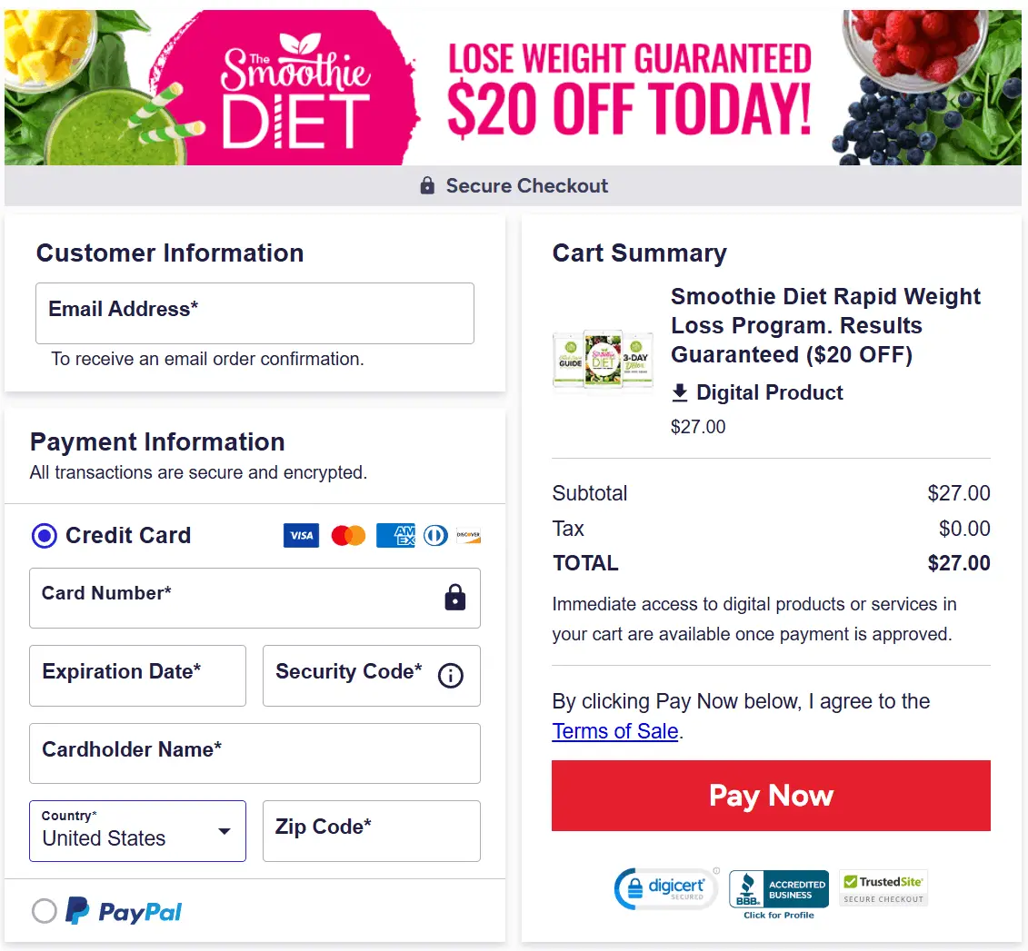 smoothie diet order page